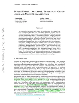 ScreenWriter: Automatic Screenplay Generation and Movie Summarisation