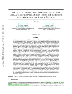 YOLO11 and Vision Transformers based 3D Pose Estimation of Immature Green Fruits in Commercial Apple Orchards for Robotic Thinning