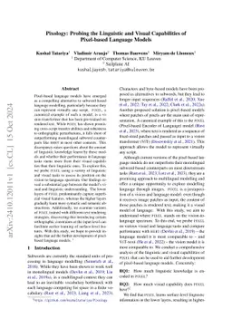 Pixology: Probing the Linguistic and Visual Capabilities of Pixel-based
  Language Models