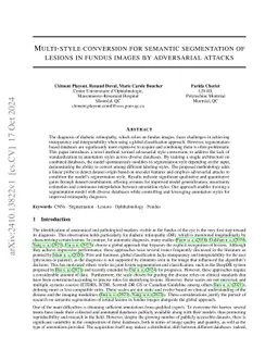 Multi-style conversion for semantic segmentation of lesions in fundus
  images by adversarial attacks
