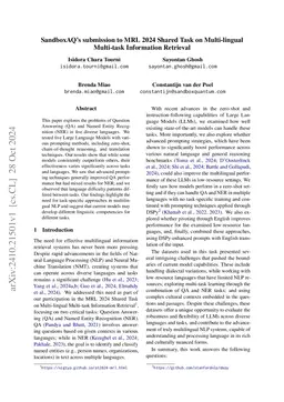 SandboxAQ's submission to MRL 2024 Shared Task on Multi-lingual
  Multi-task Information Retrieval