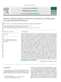 SAM-Swin: SAM-Driven Dual-Swin Transformers with Adaptive Lesion
  Enhancement for Laryngo-Pharyngeal Tumor Detection