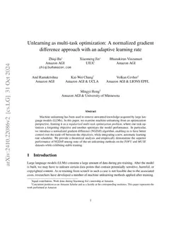 Unlearning as multi-task optimization: A normalized gradient difference approach with an adaptive learning rate