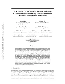 SCRREAM : SCan, Register, REnder And Map:A Framework for Annotating Accurate and Dense 3D Indoor Scenes with a Benchmark