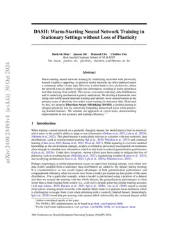 DASH: Warm-Starting Neural Network Training in Stationary Settings
  without Loss of Plasticity