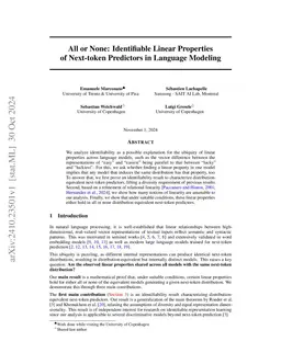 All or None: Identifiable Linear Properties of Next-token Predictors in Language Modeling