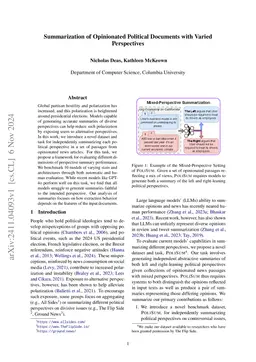 Summarization of Opinionated Political Documents with Varied Perspectives