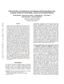 Enhancing Reverse Engineering: Investigating and Benchmarking Large
  Language Models for Vulnerability Analysis in Decompiled Binaries