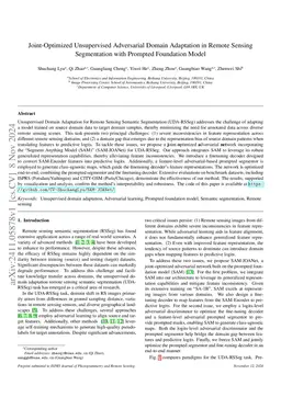 Joint-Optimized Unsupervised Adversarial Domain Adaptation in Remote
  Sensing Segmentation with Prompted Foundation Model