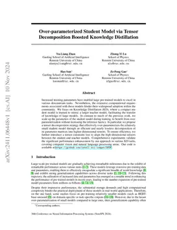 Over-parameterized Student Model via Tensor Decomposition Boosted
  Knowledge Distillation