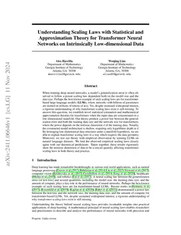 Understanding Scaling Laws with Statistical and Approximation Theory for
  Transformer Neural Networks on Intrinsically Low-dimensional Data