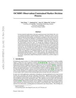 OCMDP: Observation-Constrained Markov Decision Process