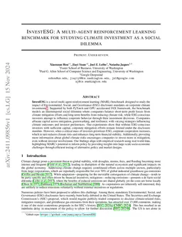 InvestESG: A multi-agent reinforcement learning benchmark for studying climate investment as a social dilemma
