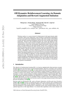Off-Dynamics Reinforcement Learning via Domain Adaptation and Reward
  Augmented Imitation