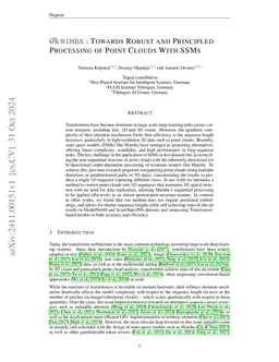 NIMBA: Towards Robust and Principled Processing of Point Clouds With
  SSMs