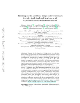 Tracking one-in-a-million: Large-scale benchmark for microbial
  single-cell tracking with experiment-aware robustness metrics