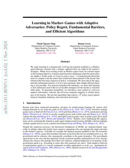Learning in Markov Games with Adaptive Adversaries: Policy Regret,
  Fundamental Barriers, and Efficient Algorithms