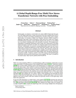 A Global Depth-Range-Free Multi-View Stereo Transformer Network with
  Pose Embedding