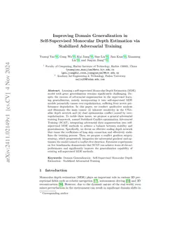Improving Domain Generalization in Self-supervised Monocular Depth
  Estimation via Stabilized Adversarial Training