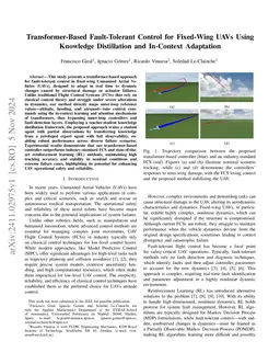 Transformer-Based Fault-Tolerant Control for Fixed-Wing UAVs Using Knowledge Distillation and In-Context Adaptation