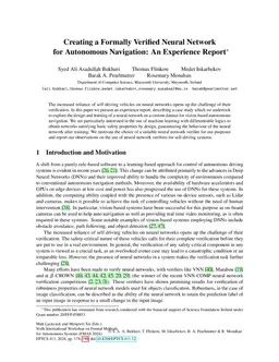 Creating a Formally Verified Neural Network for Autonomous Navigation:
  An Experience Report