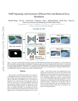 NeRF Inpainting with Geometric Diffusion Prior and Balanced Score
  Distillation