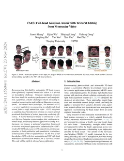 FATE: Full-head Gaussian Avatar with Textural Editing from Monocular Video