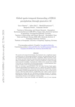 Global spatio-temporal downscaling of ERA5 precipitation through
  generative AI