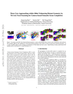 Three Cars Approaching within 100m! Enhancing Distant Geometry by Tri-Axis Voxel Scanning for Camera-based Semantic Scene Completion
