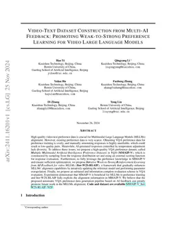 Video-Text Dataset Construction from Multi-AI Feedback: Promoting
  Weak-to-Strong Preference Learning for Video Large Language Models