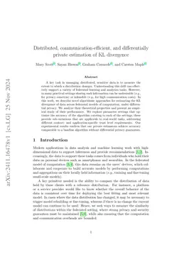 Distributed, communication-efficient, and differentially private
  estimation of KL divergence