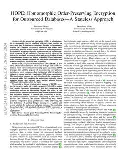 HOPE: Homomorphic Order-Preserving Encryption for Outsourced Databases -- A Stateless Approach