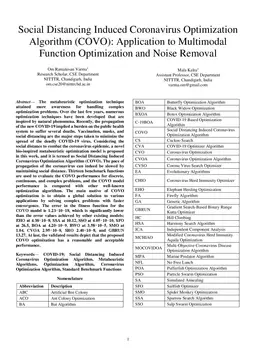 Social Distancing Induced Coronavirus Optimization Algorithm (COVO):
  Application to Multimodal Function Optimization and Noise Removal