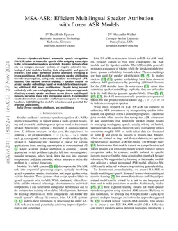 MSA-ASR: Efficient Multilingual Speaker Attribution with frozen ASR Models