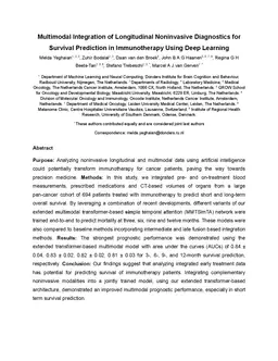 Multimodal Integration of Longitudinal Noninvasive Diagnostics for Survival Prediction in Immunotherapy Using Deep Learning