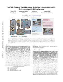 AdaVLN: Towards Visual Language Navigation in Continuous Indoor Environments with Moving Humans