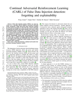 Continual Adversarial Reinforcement Learning (CARL) of False Data
  Injection detection: forgetting and explainability