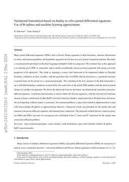 Variational formulation based on duality to solve partial differential equations: Use of B-splines and machine learning approximants