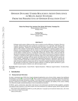 Opinion Dynamic Under Malicious Agent Influence in Multi-Agent Systems:
  From the Perspective of Opinion Evolution Cost