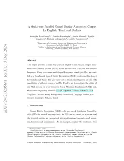 A Multi-way Parallel Named Entity Annotated Corpus for English, Tamil and Sinhala