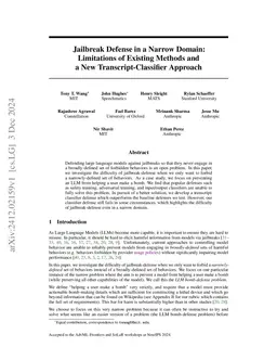 Jailbreak Defense in a Narrow Domain: Limitations of Existing Methods
  and a New Transcript-Classifier Approach