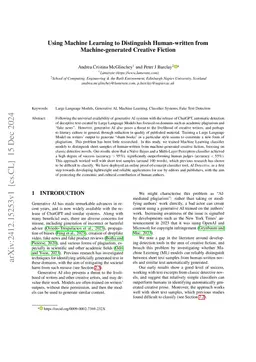 Using Machine Learning to Distinguish Human-written from
  Machine-generated Creative Fiction