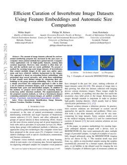 Efficient Curation of Invertebrate Image Datasets Using Feature
  Embeddings and Automatic Size Comparison