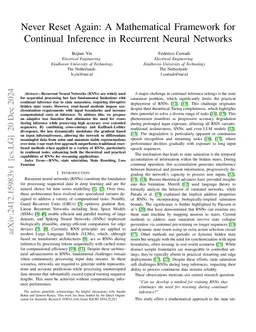 Never Reset Again: A Mathematical Framework for Continual Inference in
  Recurrent Neural Networks