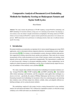 Comparative Analysis of Document-Level Embedding Methods for Similarity
  Scoring on Shakespeare Sonnets and Taylor Swift Lyrics