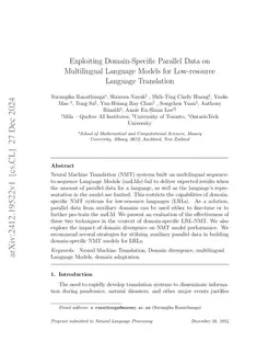 Exploiting Domain-Specific Parallel Data on Multilingual Language Models for Low-resource Language Translation