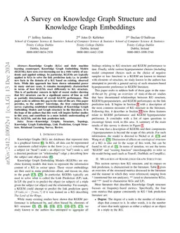 A Survey on Knowledge Graph Structure and Knowledge Graph Embeddings
