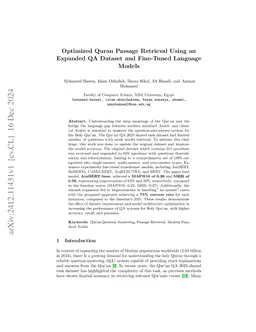 Optimized Quran Passage Retrieval Using an Expanded QA Dataset and
  Fine-Tuned Language Models