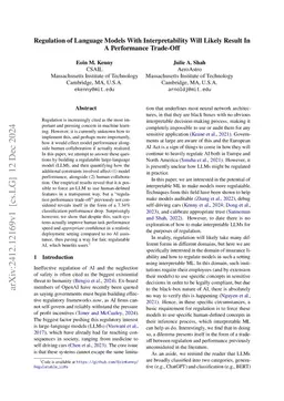 Regulation of Language Models With Interpretability Will Likely Result
  In A Performance Trade-Off
