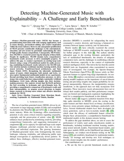 Detecting Machine-Generated Music with Explainability -- A Challenge and
  Early Benchmarks